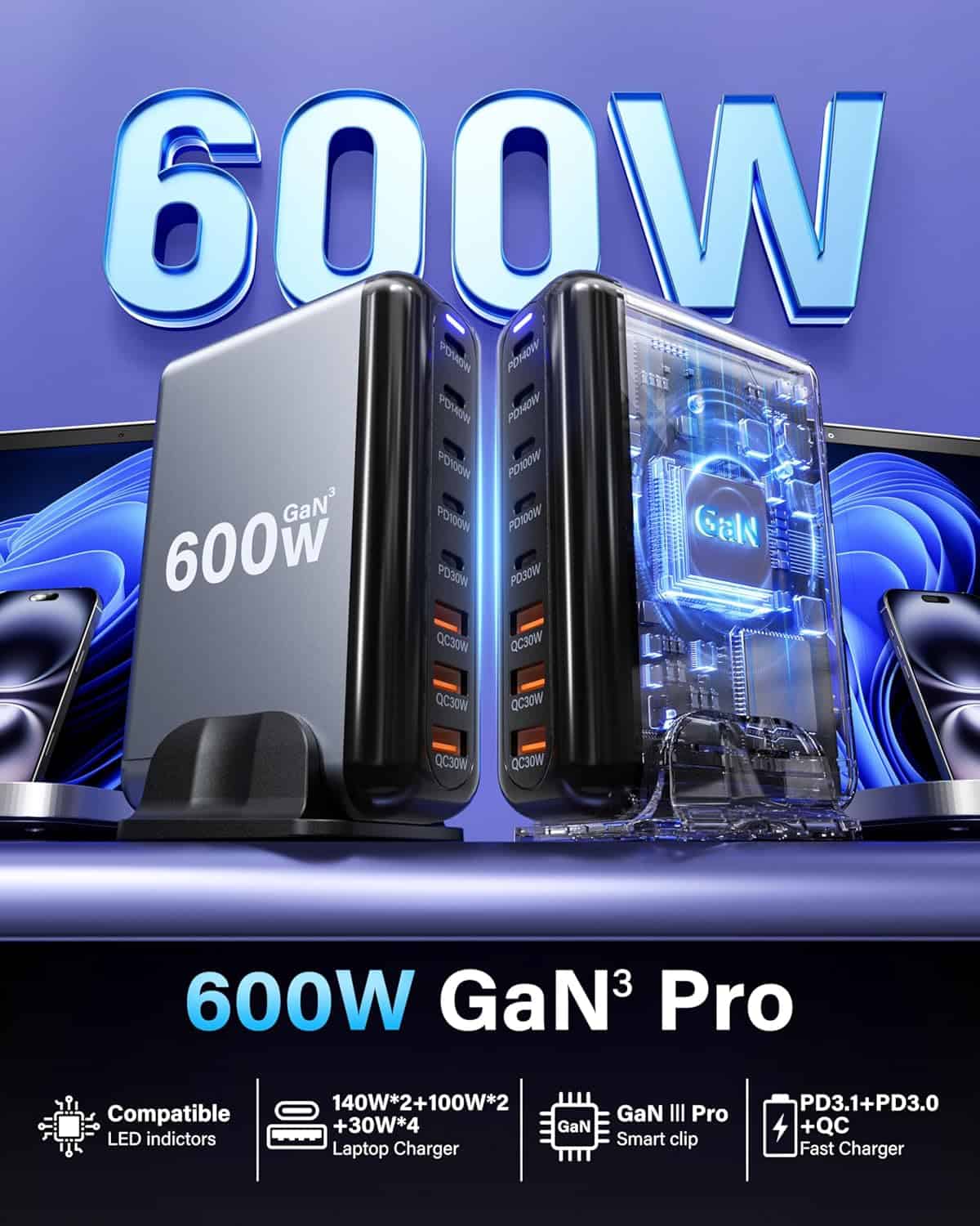 600W 8-Port GaN Charger Dock, 140W/100W USB-C & 30W USB-A, for MacBook, iPad, iPhone, Samsung, Pixel, Dell – Laptop & Phone Charging Station 600W 8-Port GaN Charger Dock, 140W/100W USB-C & 30W USB-A, for MacBook, iPad, iPhone, Samsung, Pixel, Dell – Laptop & Phone Charging Station